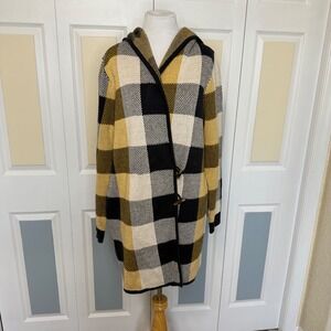 Cabi Sweater Coat 4229 Medium Hooded Knit‎ Yellow Black Cream Buffalo Checkered